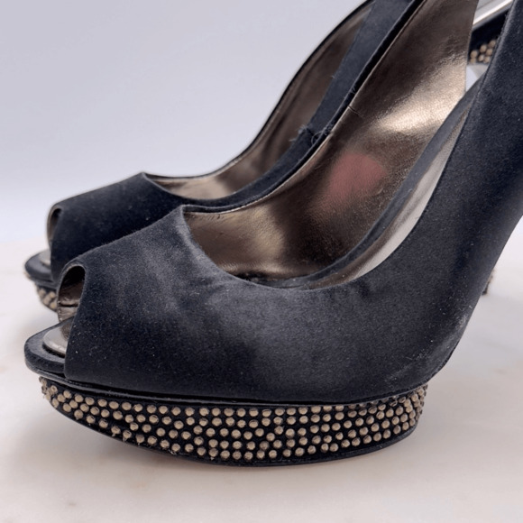 BCBGMAXAZRIA Falcon Black Satin Rhinestone Heels 8.5 Peep Toe Holiday Party - Picture 1 of 13